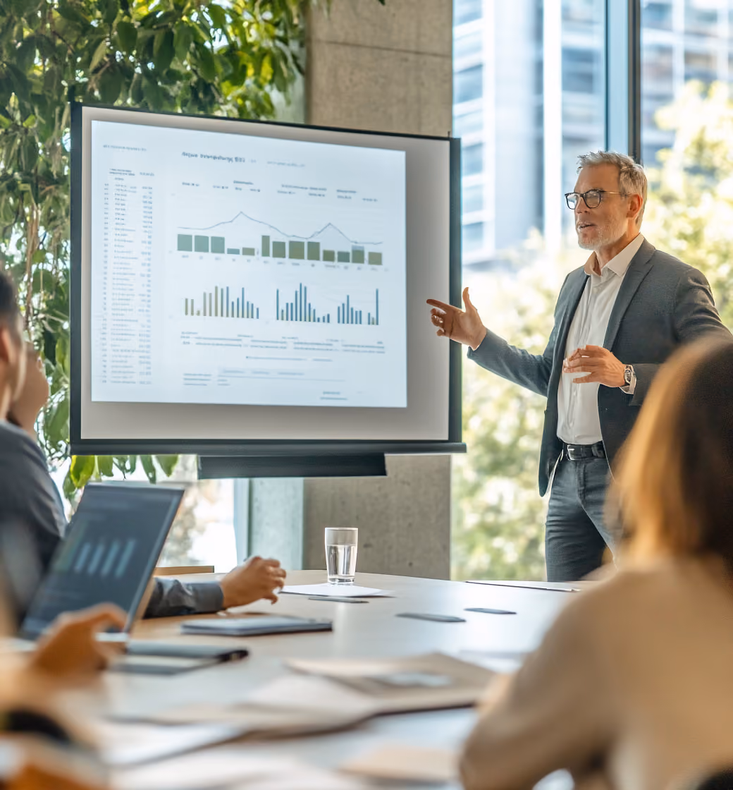 Presenter leading a training session in front of a chart on a screen