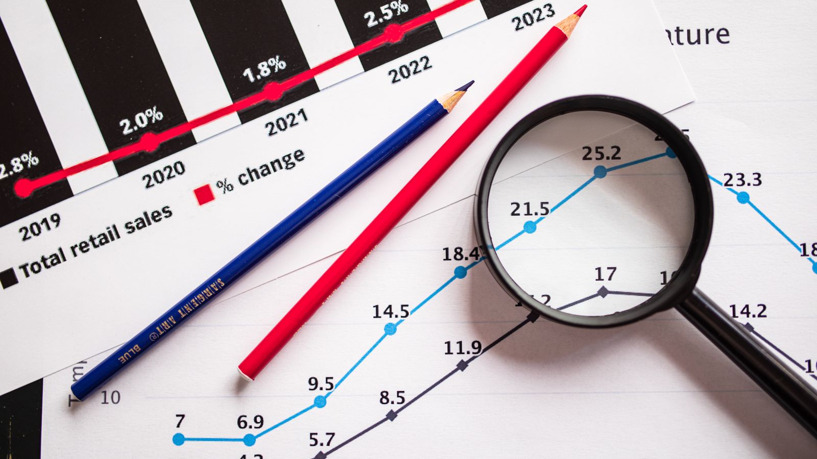 Magnifying glass and pencils on printed growth charts